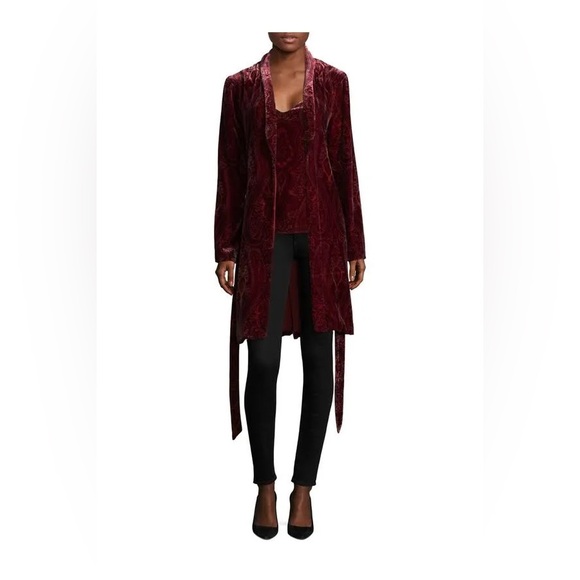L'AGENCE Cressida Paisley Print Velvet Robe in Red Size XS Button Front & Tie - Picture 1 of 7